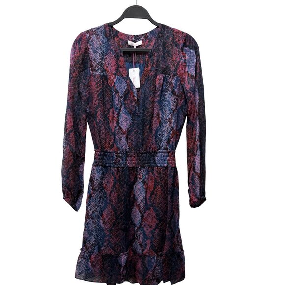 Parker Serpentina Snakeskin Print Silk Dress XS Long Sleeve Ruffle Hem - Picture 2 of 8